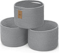 Small Rope Baskets for Storage, Baskets for Gifts Empty, Cute Round Woven Basket, Decorative Shelf Baskets 9.82×9.82×7.1", Cotton Toy Basket Storage Bins for Organizer 3 Packs-Grey
