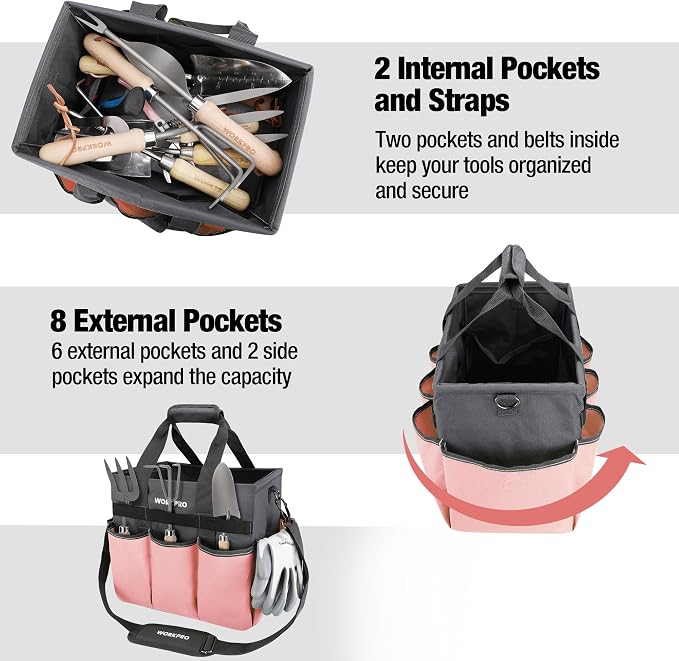 WORKPRO Garden Tool Bag, 10 Pockets and Shoulder Strap, Pink | Heavy Duty Gardening Organizer Tote Bag Standable Garden Home Tool Kits Organizer (Tools are not Included)