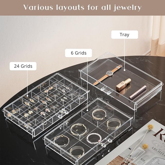 ProCase Acrylic Earrings Holder Organizer Box -Clear, 8 Layers | 133 Jewelry Storage Grid Large Clear Compartments Transparent Stackable Drawers Jewelry Display for Earring Ring Bracelet