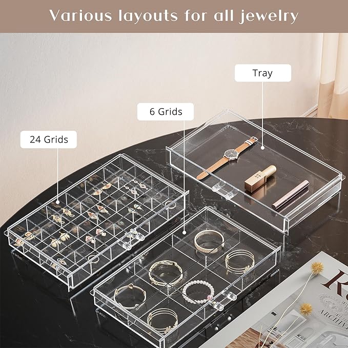 ProCase Acrylic Earrings Holder Organizer Box -Clear, 5 Layers | 79 Jewelry Storage Grid Large Clear Compartments Transparent Stackable Drawers Jewelry Display for Earring Ring Bracelet