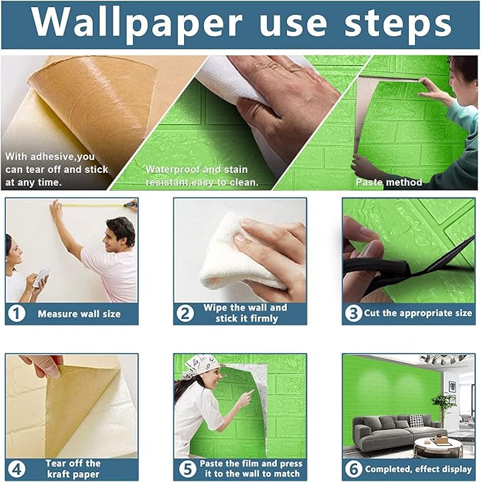3D Wall Panels, 14.5 sq.feet Coverage, Printable Wallpaper Sticker with Self-Adhesive Waterproof Brick PE Foam Wall Panels Peel and Stick for Interior Wall Decor, Home Decoration 10 PCS Green