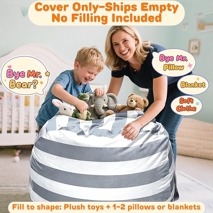 Lukeight Stuffed Animals Storage Bean Bag Chair Cover Only (Ships Empty, No Filling) - Velvet YKK Zipper Beanbag Cover for Toddlers and Kids, Washable Plush Toy Organizer, Large 27" D x 16" H