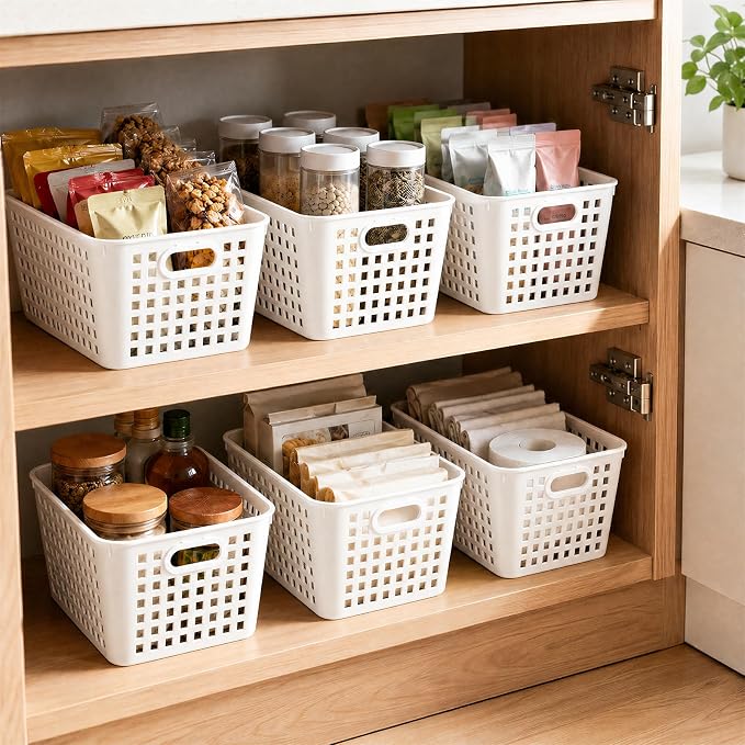 6 Pack Plastic Classroom Storage Baskets, Organizer Bins with Handle | White Color 11" × 7.1" × 4.6" Medium Papers Book Storage Organizer for School Classroom Library Office Home Desktop Bookshelf