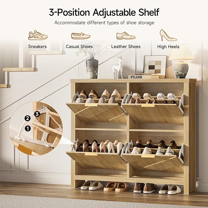 Shoe Cabinet with 4 Flip Drawers & Symmetric Groove Pattern for Entryway | 44.5''W x 9.2''D x 39.4'' Natural Oak Fit for 16-24 Pairs of Shoes Slim Narrow Shoe Storage Cabinet for Hallway Living Room