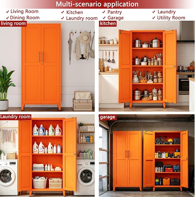 Heavy Duty Metal Cabinet with 3 Adjustable Shelves, Lockable Double Door Storage Locker, 61" Tall Utility Closet for Living Room Home Office Orange 61" H X 27.6" W X 13.8" D