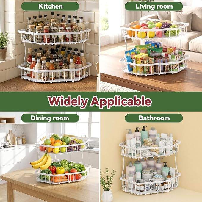 2 Tier Fruit Basket for Kitchen Counter - Detachable Metal Fruit Bowl with 2 Banana Hangers for Corner , Large Capacity Fruit Stand with Wooden Handle for Bread Fruit and Vegetable Storage- White
