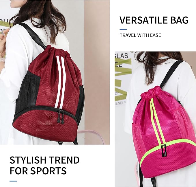 JELUTAR Drawstring Backpack Gym Bag with Shoes Compartment, Burgundy | Water-Resistant String Backpack for Soccer, Basketball, Swim, Beach Cinch for Women Men, 22 L Large Capacity, Wet Pocket