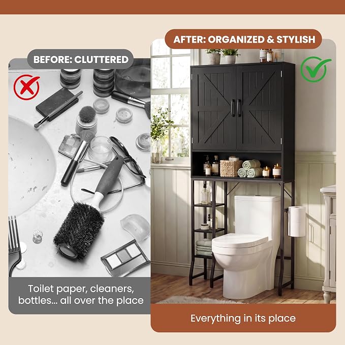 31" Over The Toilet Storage Cabinet with Barn Door,Bathroom Organizers and Storage with Adjustable Shelves, Farmhouse Over Toilet Organizer for Bathroom,Restroom,Laundry,Black