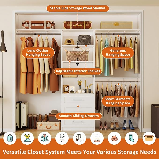 Closet System with Drawers, 4-8FT Closet Organizer System with Cuttable Shelves & 3 Expandable Hanging Rods, 96” Walk in Closet Organizer Storage System, Modular Closet Systems Adjustable, White