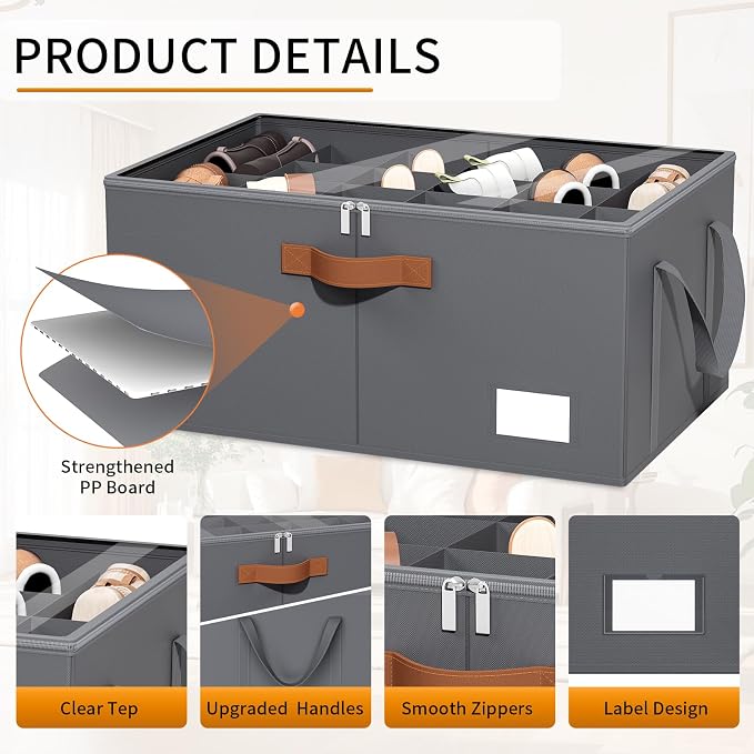 Shoe Organizer for Closet, Fits up to 40 Pairs, Gray, 2 Pack | Space Saving, Clear Cover, Reinforced Handles, Stackable & Foldable Fabric Shoe Storage Organizer Box for Entryway, Bedroom