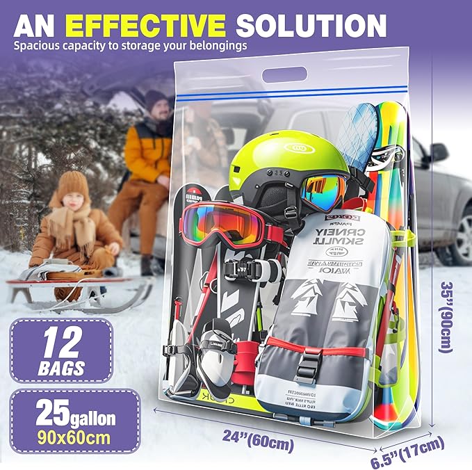 25 Gallon Jumbo Storage Bags, 35" x 24" Clear Plastic Zipper Bags with Handles, Extra Heavy Duty Large XL for Travel, Moving, Clothing, 12 Packs