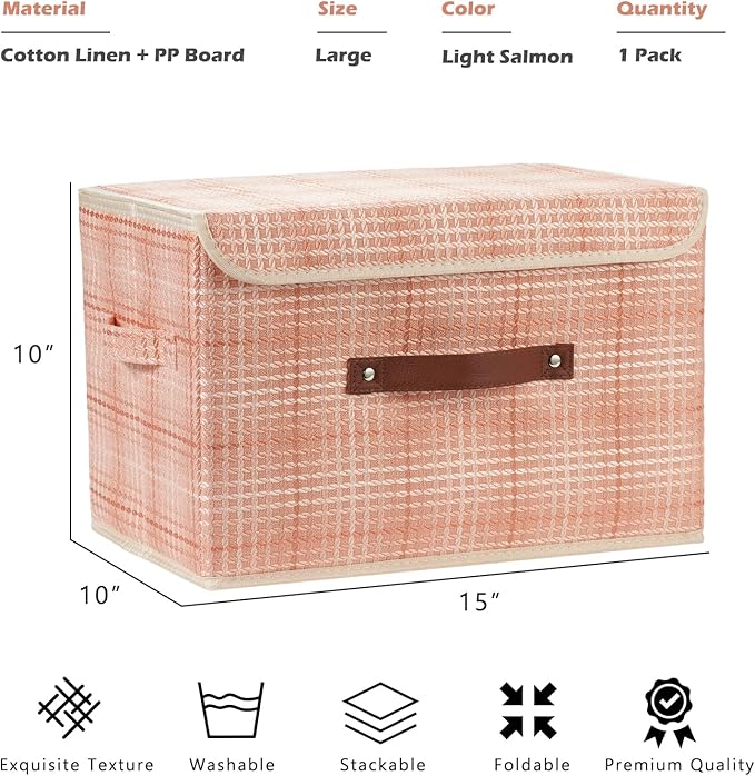Storage Boxes with Lid 3D Textured Fabric Storage Bins Closet Organizer Containers Decorative Collapsible Washable Shelf Baskets with Faux Leather Handles (Light Salmon, Large Size)