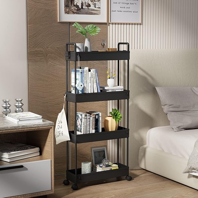 SOLEJAZZ Slim Rolling Storage Cart Skinny Bathroom Organizer, 4 Tier, Black | Thin utility cart with wheels for bathroom, laundry room, bedside, kitchen, dorm, office, next to fridge, small narrow places