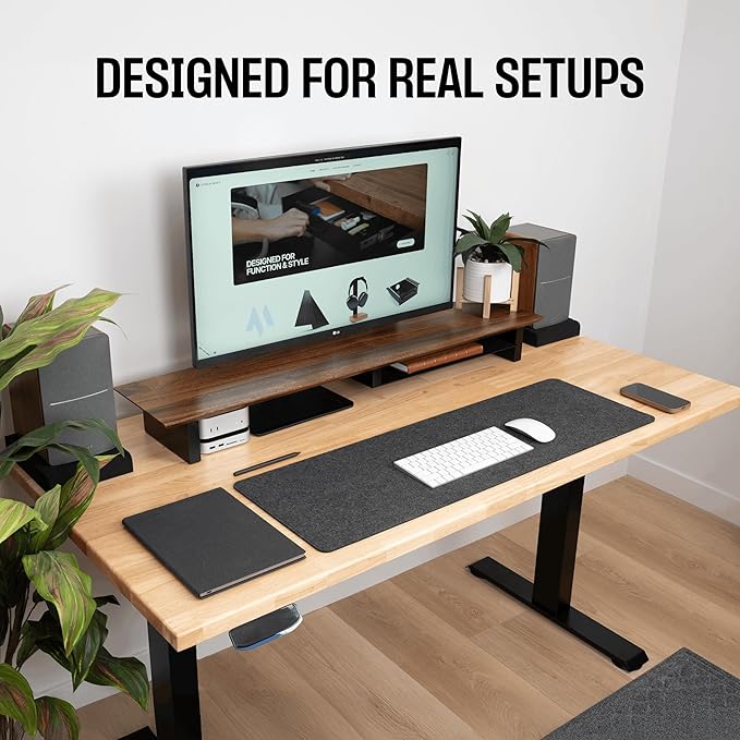 COREMINDED Solid Wood Dual Monitor Stand Riser, 42 Inch Walnut Desk Shelf | Fits 2 Monitors, Sturdy & Stable Solid Wood, Under Monitor Keyboard Storage, Office Desktop Organizer, Easy Assembly, Walnut