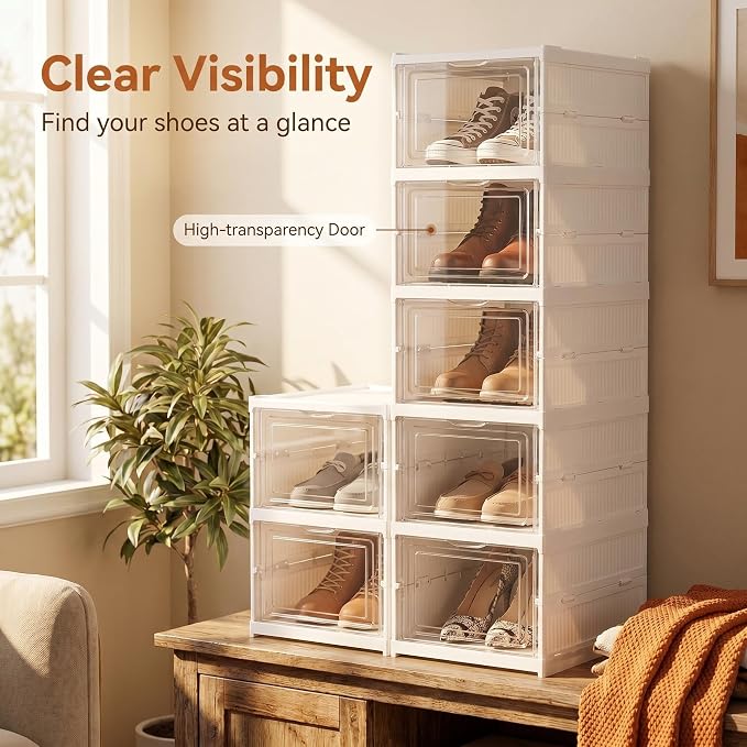 6-Tier Clear Shoe Storage Boxes, Collapsible, No Assembly | Six plastic compartments fold flat when not in use and stack vertically, with transparent doors for easy viewing and access.