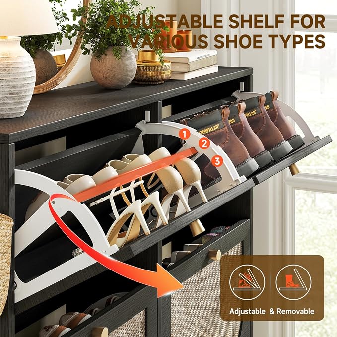 Nicetree Rattan Shoe Cabinet for Entryway, 9.5" Ultra-Thin Narrow Shoe Rack with 4 Flip Drawers, Boho Slim Shoe Storage Organizer with Adjustable Shelves, Anti-Tip Safety, Fits Size 13 Men's Boots