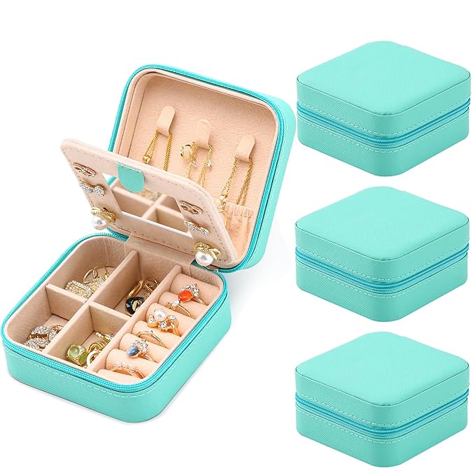 Neveika Jewelry Box with Mirror,Small Jewelry Organizer Box，Travel Jewelry Case for Women，Gift Jewelry Boxes for Female Girls (4pcs mirror blue)