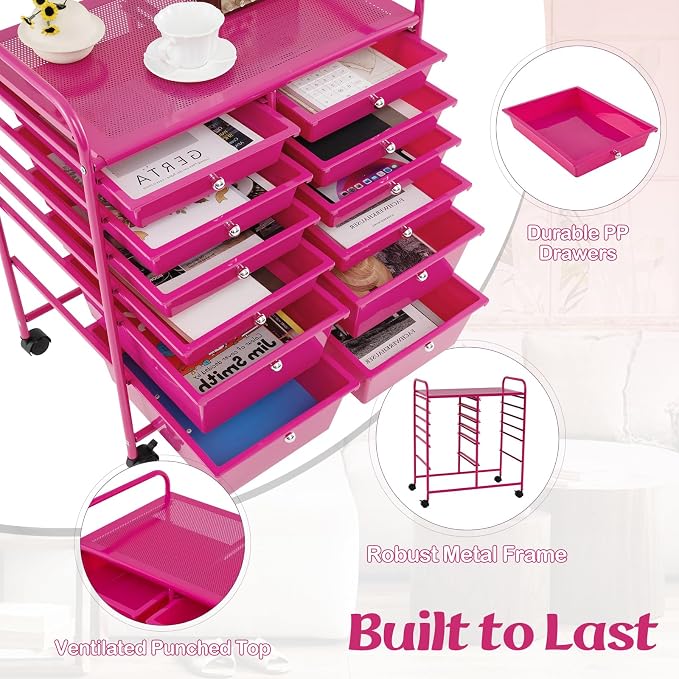 DREAMADE Rolling Cart with Storage Drawers, Utility Cart with Removable Plastic Drawers, Lockable Wheels, Art Cart for Classroom Organization Art Supplies Office Scrapbook (12 Drawers, Hot Pink)