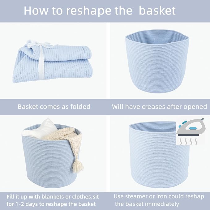 XUANGUO Cotton Rope Woven Basket, 16x14 in Kids Laundry Basket, blue | Round blanket basket and small laundry basket; baby hamper or nursery storage bin for girls, boys, toys, clothes and shoes