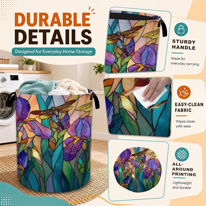 Tulip Dragonfly Glass Laundry Basket,Foldable Oxford Laundry Hamper with Handles,Portable Clothes Tote Bag Clothes Storage Bucket Organizer 20.8" x16" For Bathroom/Laundry Storage/Bedroom
