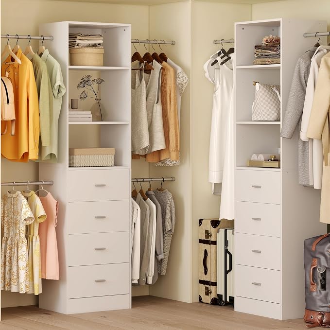 Closet System, 3Ft-5Ft Closet Organizer System With 4 Wooden Drawers, Walk-In Closet Storage System With 4 Expandable Hanging Rods, Adjustable Cloth Garment Rack from 3 to 5FT, White