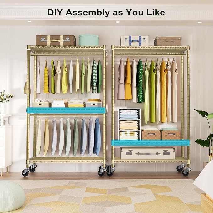 FUTASSI P3 Rolling Clothes Rack, Clothing Racks for Hanging Clothes, Heavy Duty Garment Rack with Wheels, Freestanding Portable Closet Racks 39.4'' W x 14'' D x 78.5'' H, Max Load 470 LBS, Gold