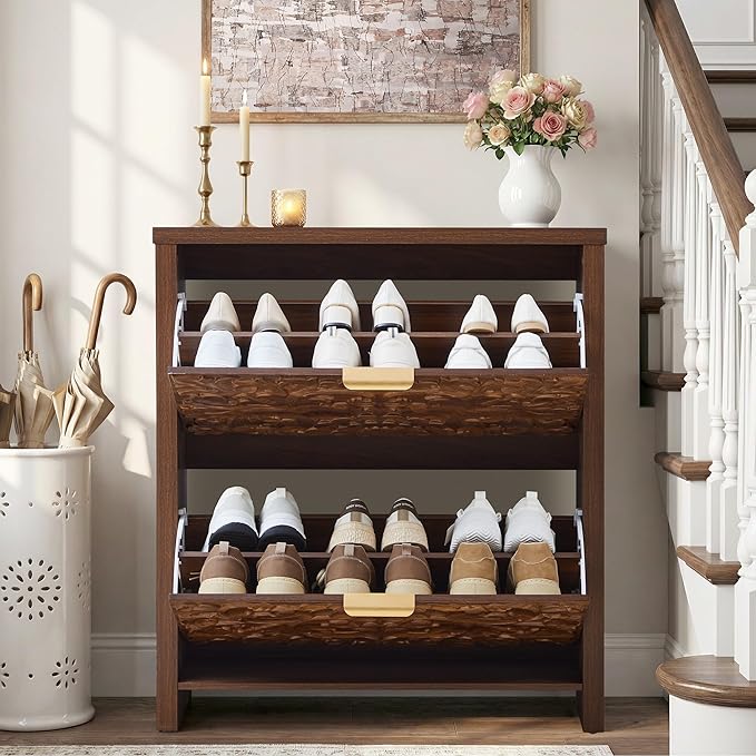 weselon Shoe Cabinet with Flip Drawers, Narrow Shoe Storage Cabinet, 2-Tier Hidden Shoe Organizer with Carved Floral for Entryway, Mid-Century Modern Slim Shoes Storage for Hallway Foyer (1, Walnut)