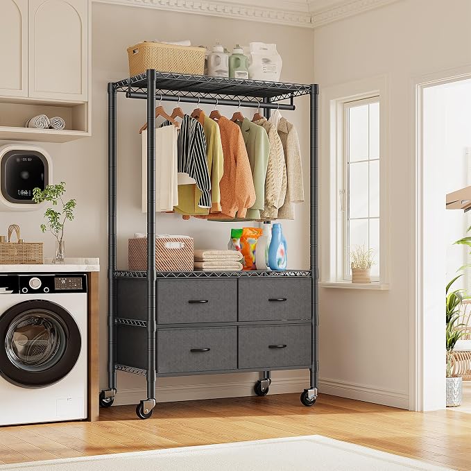 Raybee Clothes Rack Heavy Duty Clothing Rack with Rolling Wheels & 4 Drawers, Clothing Racks for Hanging Clothes with Drawers, Black