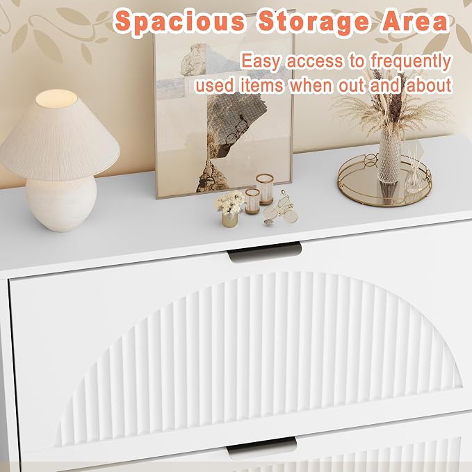 Shoe Storage Cabinet with 6 Flip Drawers, Narrow Wood Shoe Organizer Cabinet with Fluted Panel, Slim Shoe Rack for Entryway, Freestanding Shoe Cabinet for Living Room, Hallway, White