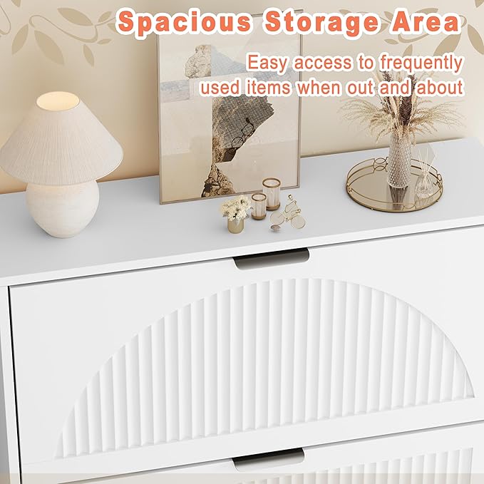 Shoe Storage Cabinet with 3 Flip Drawers, Narrow Wood Shoe Organizer Cabinet with Fluted Panel, Slim Shoe Rack for Entryway, Freestanding Shoe Cabinet for Living Room, Hallway, White