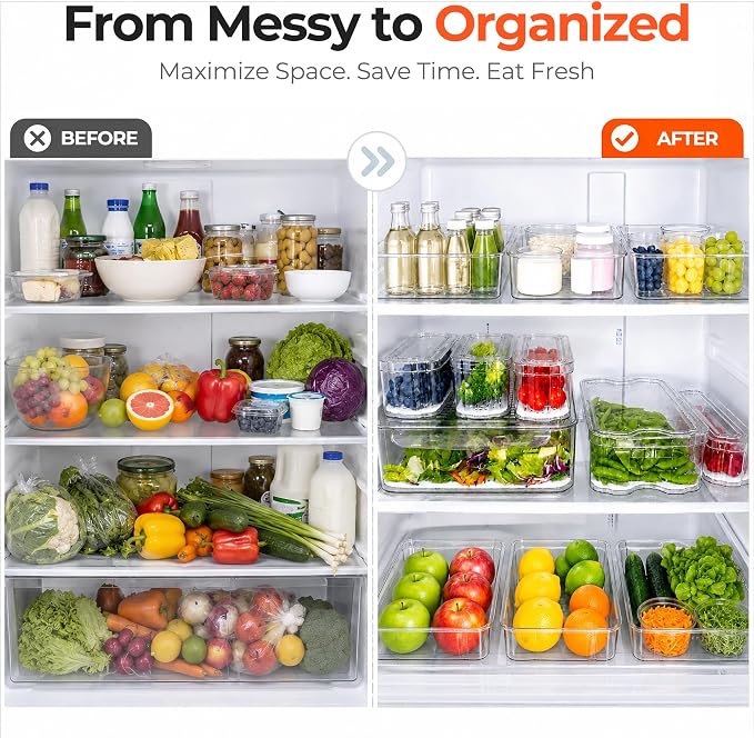 SMRCAD Clear Fridge Bins with Drain Trays - BPA-Free PET, Stackable(6 Pack) | 6 Pack: 1 Drawer + 5 lidded Bins, Helps Keep Produce Fresh, 16.3L Capacity, Hand Wash Only