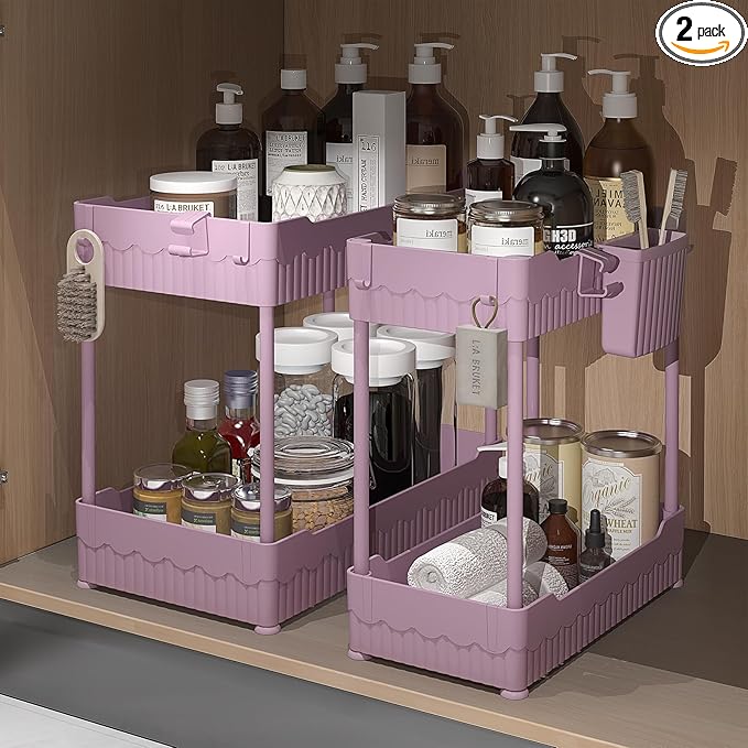 Sevenblue 2 Pack Under Sink Organizer, Under Bathroom Cabinet Organizer with Hooks Hanging Cup, Multi-Purpose Storage Shelf for Kitchen Bathroom (Pink, 12.8 Inch)