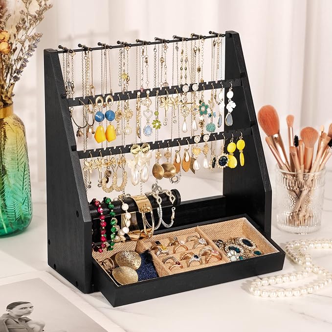 DGWJSU Earring Organizer, 5 Layer Earring Holder Organizer with Necklace Holder, Rustic Wood Jewelry Organizer Stand Display for Stud Earring Bracelet Necklace Ring, Watches