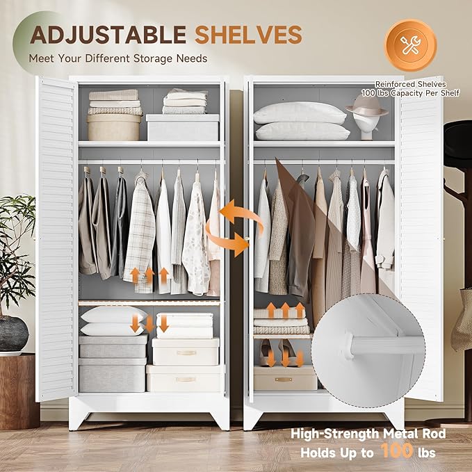 Letaya Armoire Wardrobe Closet,20" Deep Metal Wardrobe Cabinet with Doors and Shelves,Hanging Rod Clothing Storage Cabinets for Home Room (White)
