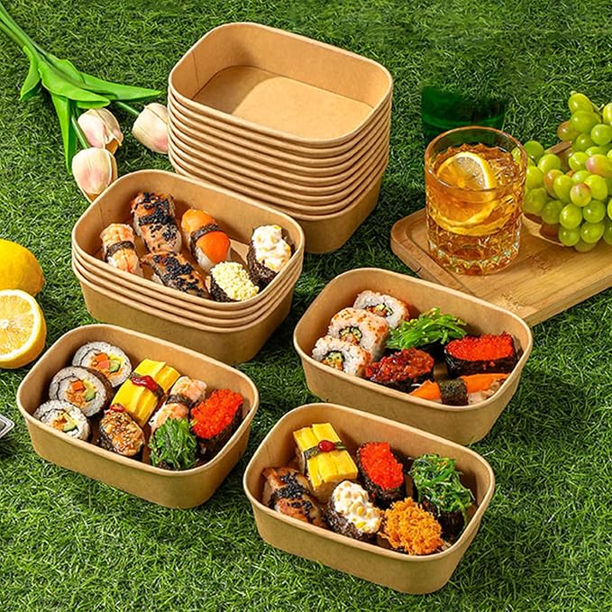 50-Pack 29oz Disposable Kraft Paper Bowls【with Lids and Forks】,Meal Prep Containers Disposable Deli Containers Disposable Soccer Party Food Trays Take Out Containers, Microwave Safe for Hot/Cold Food