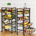 Storico 5-Tier Rolling Utility Cart Kitchen Storage Cart | Large capacity, sturdy wheels, wooden tabletop, mesh baskets, perfect for kitchen, bathroom, laundry room.
