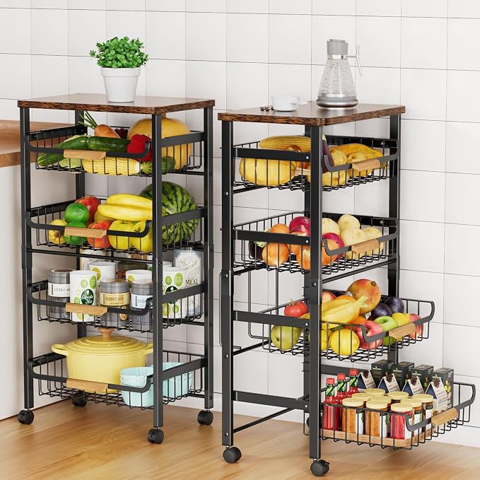 Storico 5-Tier Rolling Utility Cart Kitchen Storage Cart | Large capacity, sturdy wheels, wooden tabletop, mesh baskets, perfect for kitchen, bathroom, laundry room.