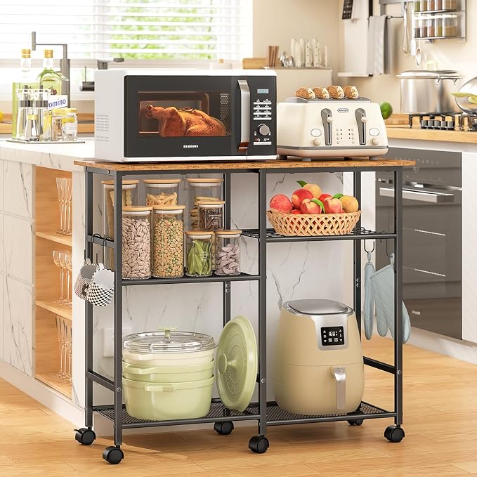 ThreeHio Rolling Kitchen Microwave Cart, 3-Tier Microwave Stand with Adjustable Shelf, Kitchen Storage Island on Lockable Wheels, Coffee Bar Baker's Rack Utility Cart for Living Room, Office, Balcony