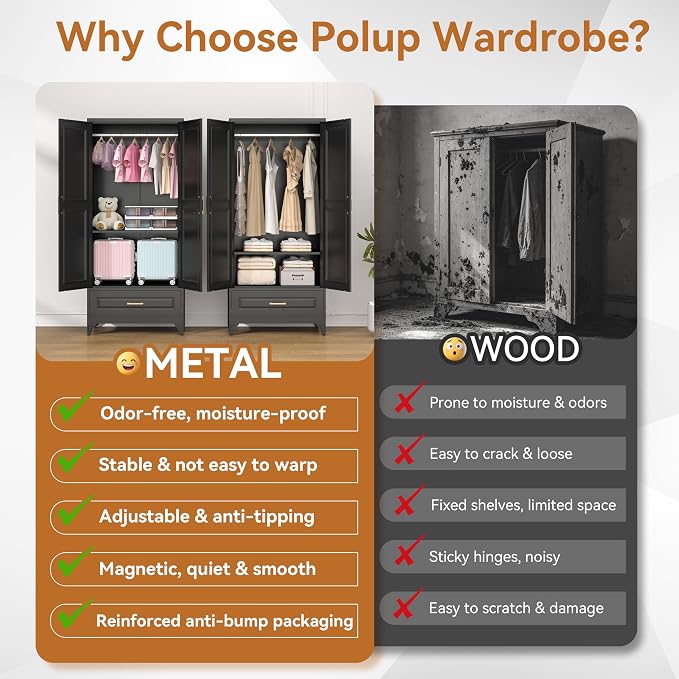 Polup Metal Armoire Wardrobe Closet with Drawer, 71“ Tall Wardrobe with Doors and Shelves, Metal Wardrobes Closet with Hanging Rod, for Bedroom, Garage, Laundry, Black