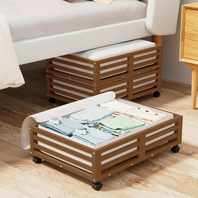 Wisuce 2 Packs Bamboo Under Bed Storage Organizer with Wheels Brown Small | 360° Lockable Wheels,120lbs Load Capacity, Multi-scene ,Dustproof Clear Storage Bag, Large Capacity,Easy Quick Assembly