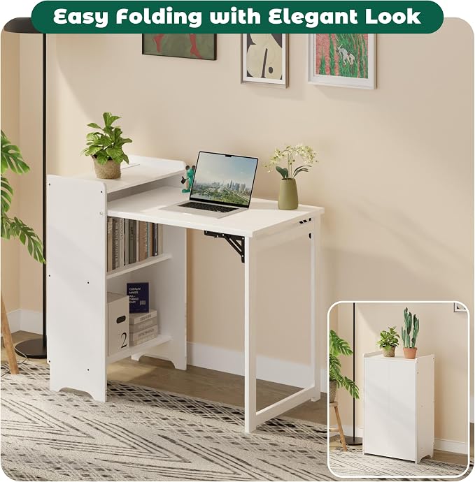 HDDFER Folding Desk with Built-in Outlet,for Small Spaces,Hidden Desk with Storage Shelf, Foldable Computer Desk for Bedroom Home Office, Mid Century Modern Fold Out Table Writing Table, White