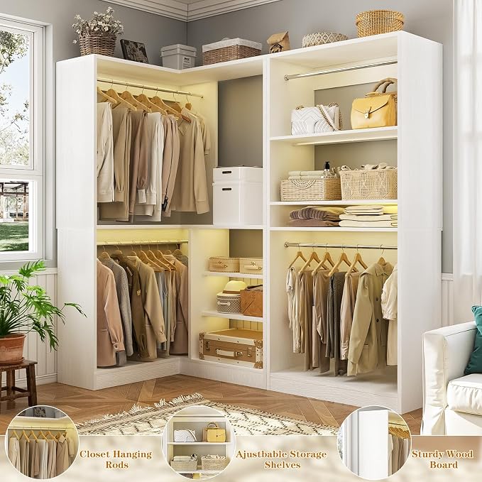 Unikito Corner Closet System, 72" L-Shaped Closet Organizer with 4 Hanging Rods, Heavy Duty Wood Garment Rack with Shelves, Freestanding Walk-in Closet Storage Tower for Bedroom, White