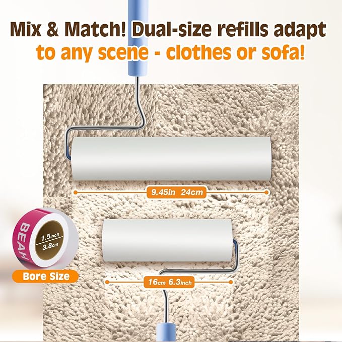 BEAH Large Lint Roller for Pet Hair Extra Sticky,9.45''Pet Hair Removal Tool Roller for Pet Dog Cat Hair (5 Long Rolls)