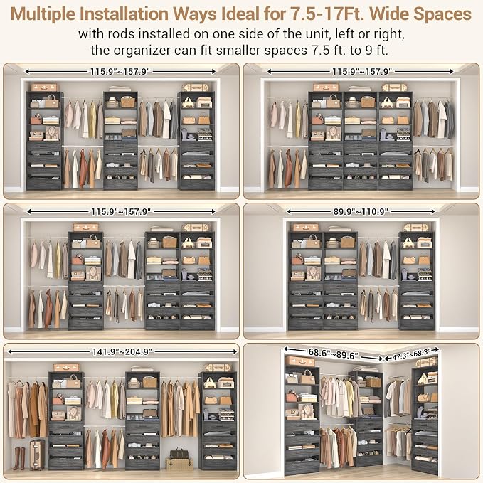 Aheaplus Closet System with 12 Drawers, 8.5-11.5Ft Wood Closet Organizer System with 4 Hanging Rods & 3 Towers, 4Ft & 6Ft L-Shaped Walk-in Closets Wardrobe Organizer Clothes Rack, Set of 3, Black Oak