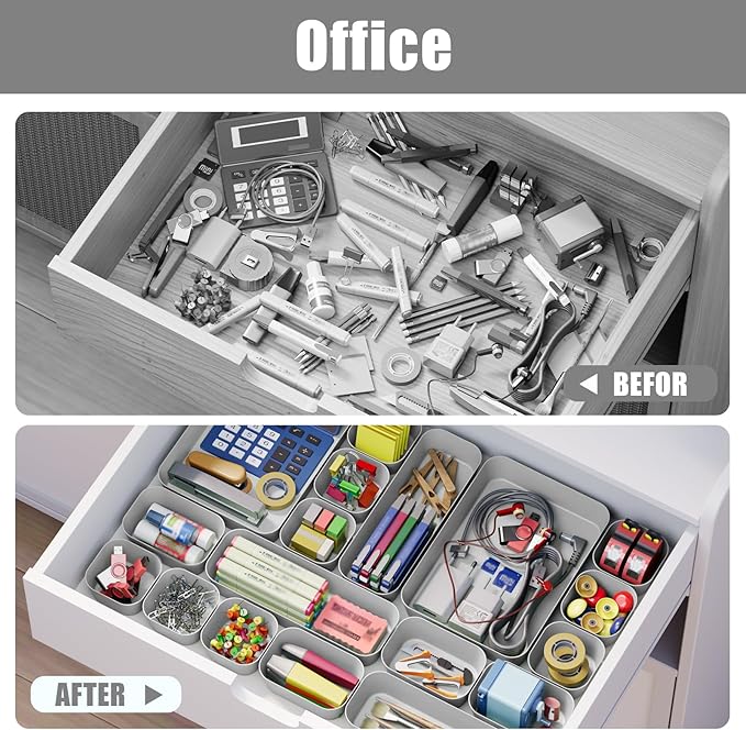 Drawer Organizers Bins 10 PCS for Bathroom Makeup Desk Office | with Non-slip Pads, 3 Sizes, Plastic Tray, Vanity Organizer, Kitchen Utensils Organizer