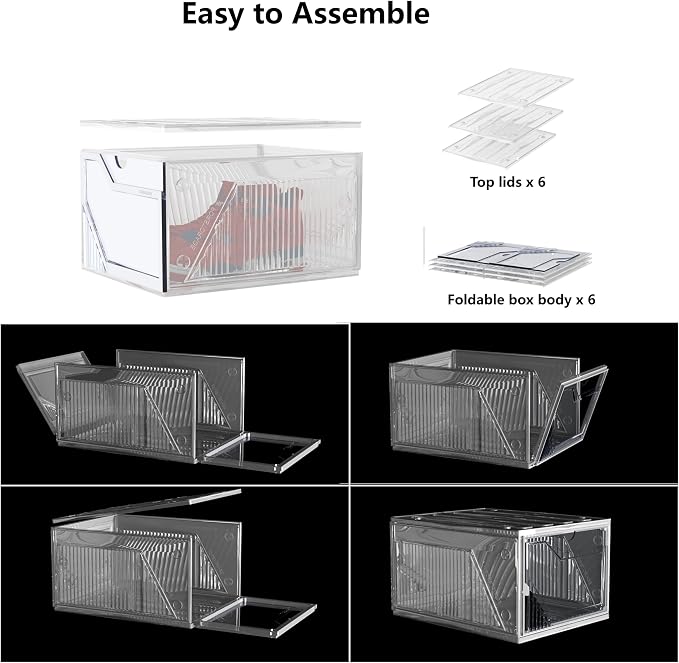 AWTATOS Shoe Storage Boxes, Fit up to US Size 15, 6 Pack | Stackable Shoe Organizer, Thickened Shoe Container with Magnetic Door, Shoe Rack for Entryway, Closet, Under Bed, Clear