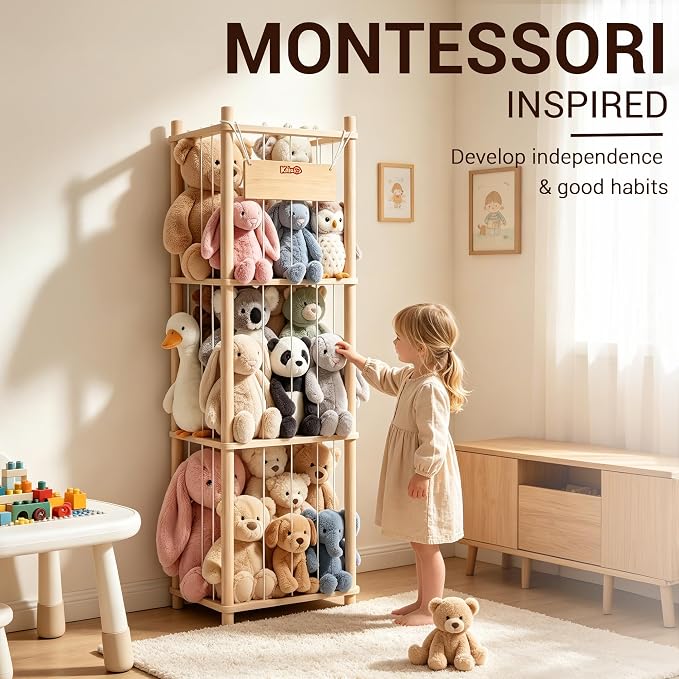 Kiddocood Kids CPC & TIC Certified Stuffed Animal Storage - 3-Tier Large Natural Solid Wood Plush Toy Organizer & Holder, Corner Solution for Playroom & Nursery, BPA-Free & Zero Glue, 53"H