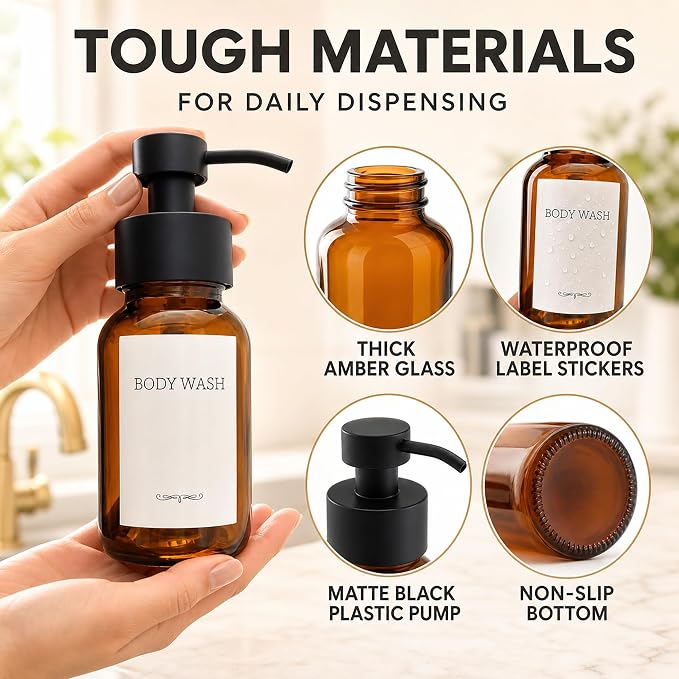 2 Pcs Amber Glass Foaming Soap Dispenser - 8.5 Oz Refillable Glass Foaming Hand Soap Dispenser, Non-Slip Bottom, 6 Moisture-Resistant Labels - Elegant Pump Bottles for Bathroom & Kitchen Counter Decor