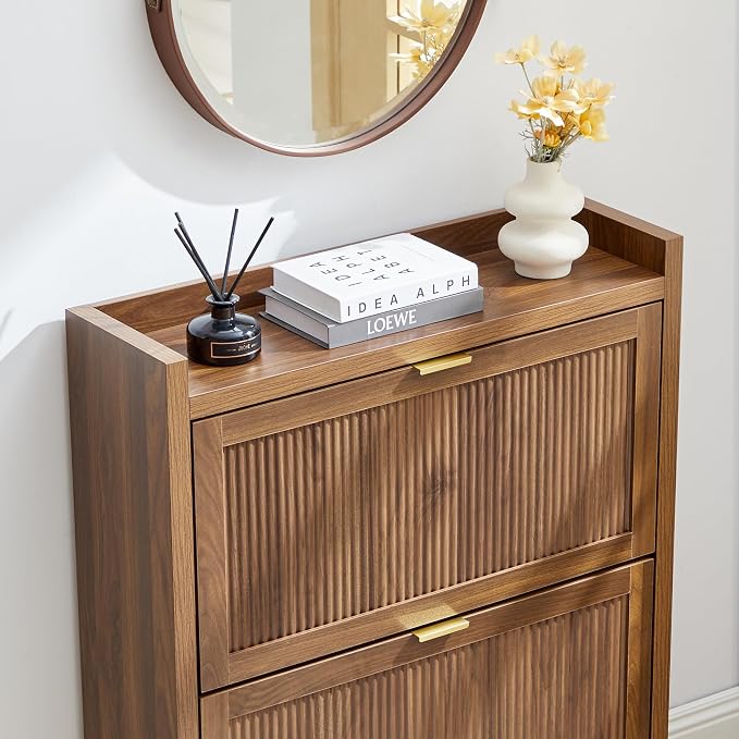 Fluted Shoe Storage Cabinet with 2 Flip Door for Entryway, Modern Freestanding Narrow Wood Shoe Rack Cabinet for Foyer, Front Door, Hallway