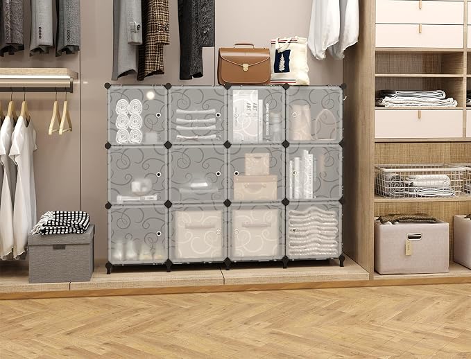 AWTATOS 12 Cube Storage Organizer, Closet Storage Shelves with Doors, Black | Portable Closet Organizers, DIY Stackable Storage Cube Shelf, Plastic Clothes Organizer Shelving for Bedroom, Home Office